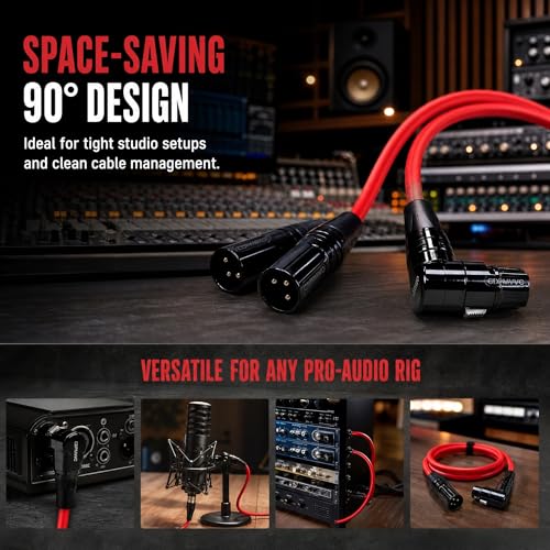 XLR Right Angle Cable 1ft 2-Pack, 90 Degree Male to Female, OFC Noise-Free Mic Cord for Podcast Home Studio Recording, for Shure Focusrite Audio Interface Mixer