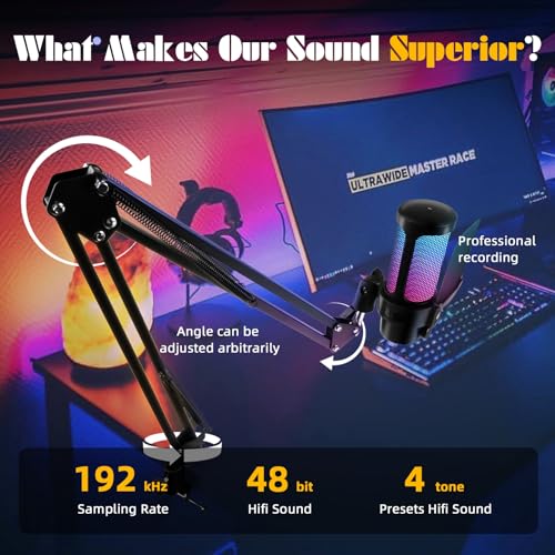 VCOM Gaming USB Microphone,Condenser Dynamic Boom Arm Mic for Podcasting,Streaming, with Boom Arm Stand,Quick Mute,Pop Filter,RGB Indicator,Shock Mount,Rotate gain Button, Compatible with PS4/5/PC