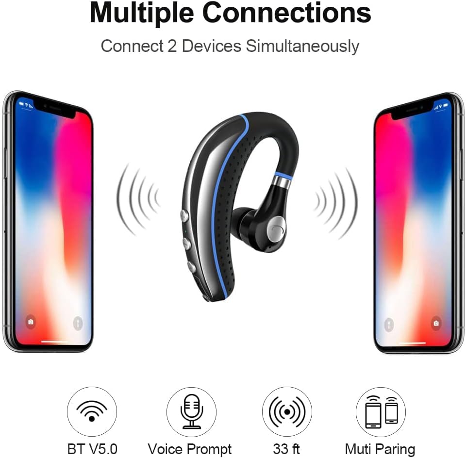 Bluetooth Headset V5.0 Wireless Bluetooth Earpiece with Noise Canceling Mic for Cell Phone Ultralight Business Earphone for Driving/Trucker/Office Earbus for Android/iPhone/Smartphone-Blue - color: Blue