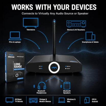 Long Range Bluetooth Audio Transmitter or Receiver for TV Home RTX 2.0 | TV PC stereo, Connect speakers, headphones & phones, aptX Low Latency, Optical RCA & 3.5mm, HD audio