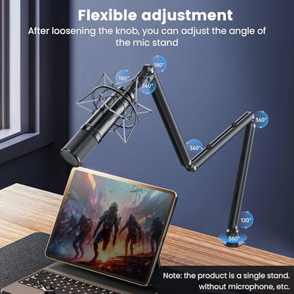 Adjustable Microphone Boom Arm for Lightweight Mics, 30-inch Rotatable Desk Stand with Cable Management & 3/8" 5/8" Threads, Space-Saving Design for Streaming, Podcasting, Gaming (Black)