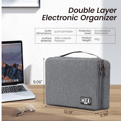 Electronic Organizer Travel Case, Double Layer Cable Organizer Bag | Double-layer design with adjustable dividers, mesh pockets and elastic loops for chargers, cables, power banks and gadgets - color: gray
