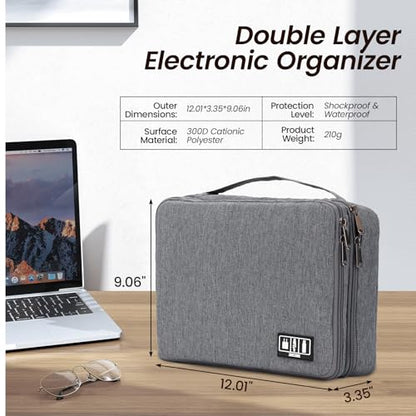 Electronic Organizer Travel Case, Double Layer Cable Organizer Bag | Double-layer design with adjustable dividers, mesh pockets and elastic loops for chargers, cables, power banks and gadgets - color: gray