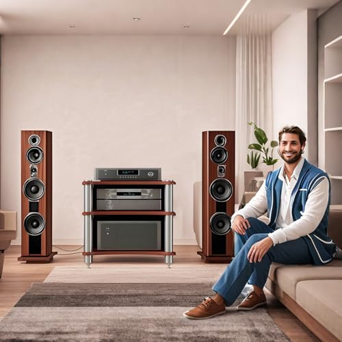 3-Tier AV Media Stand with Speaker Spikes, Stereo Racks and Stand | Audio Equipment Cabinet Entertainment Device Open Air Storage, Dark Wood - size: 3-Tier