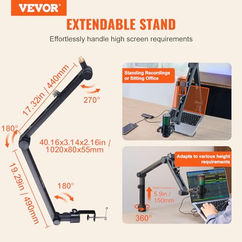 VEVOR Microphone Boom Arm, with Desk Mount Clamp, Adjustable Mic Stand with Cable Management,360° Rotatable,3/8" to 5/8" Adapter, for Recording Studio Streaming Gaming Blue Yeti SM7B Audio Podcast - style: Mic Boom Arm