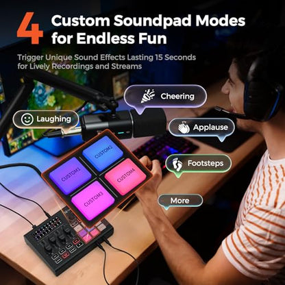 Gaming Audio Mixer & USB Audio Interface with Pro Mic Preamp | Dual XLR/6.35mm Inputs, 48V Phantom Power, RGB, Voice Changer, Sound Pads, Loopback for Podcasting/Streaming & Music