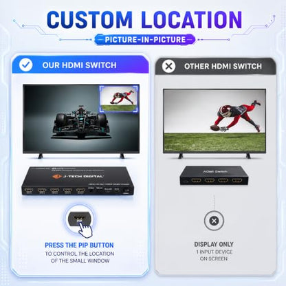J-Tech Digital 4K HDMI Multiviewer Switch 4 in 1 Out, 4x1 4K 30Hz HDMI Quad Multiviewer Seamless Switcher with PiP, 6 Viewing Modes, Audio Extraction via Optical 3.5mm (JTECH-MV41AE)