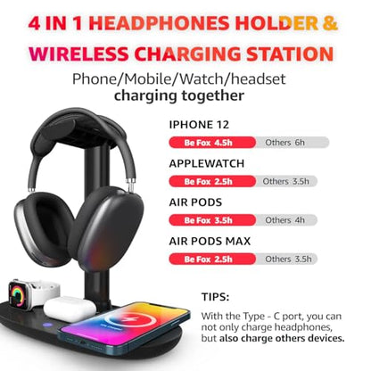 4 in 1 Wireless Charger with Headphone Stand Headset Holder & Station Dock for Apple Watch, AirPods Max/Pro/Pro 2/AirPods 4/ iPhone 16/15/14/13/12 LG, Samsung Galaxy