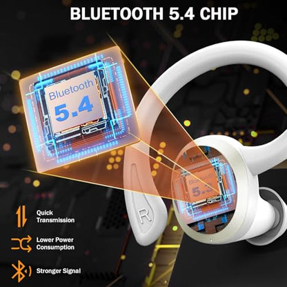 Wireless Earbuds, Sport Bluetooth 5.4 Headphones 2026 New Bluetooth Earbuds with 56Hrs Stereo, 4 ENC Mic, Noise Canceling Over-Ear Buds with Earhooks, IP7 Waterproof Earphones for Workout/Running/Gym - color: White