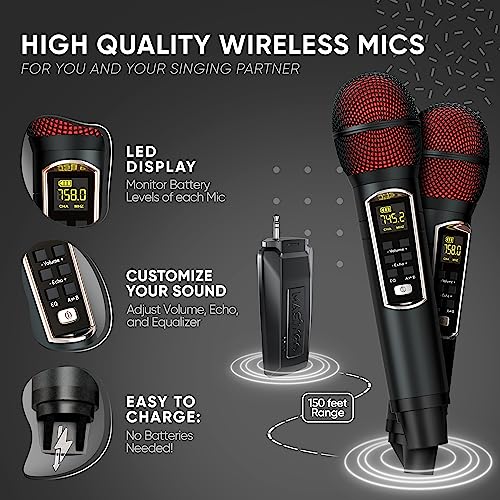MASINGO 2 Wireless Karaoke Microphones, Integrated Bluetooth Receiver - Connects Mics and Smartphone to Any Speaker with AUX/Mic Input - Includes Singer Vocal Removal Mode + Charging Base - A12
