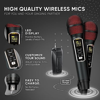 MASINGO 2 Wireless Karaoke Microphones, Integrated Bluetooth Receiver - Connects Mics and Smartphone to Any Speaker with AUX/Mic Input - Includes Singer Vocal Removal Mode + Charging Base - A12