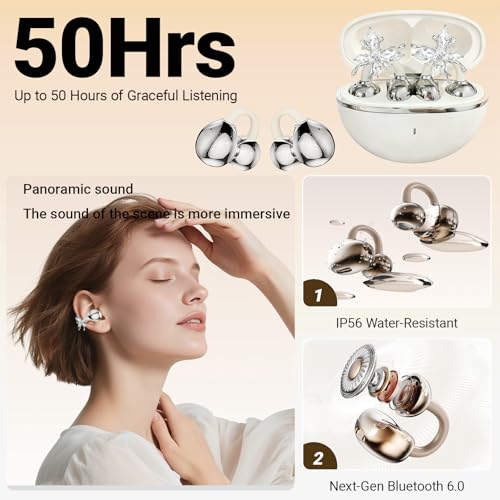 2026 New Jewelry-Inspired Clip-On Earbuds with Detachable Sparkle Butterfly Earrings, Bluetooth 6.0, Cute Wireless Headphones for Women, 50H Playtime, Low Latency, Sports & Workouts (White) - color: White