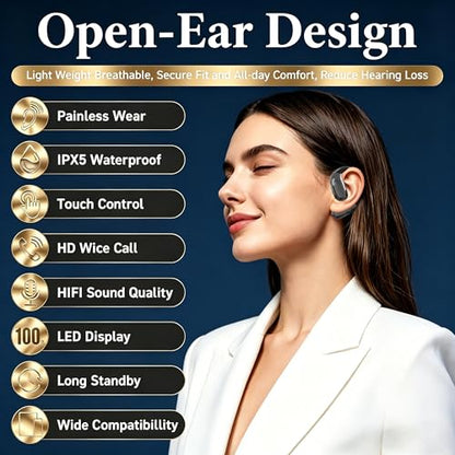 Open Ear Headphones, Wireless Headphones with Smart Digital Display & Mic | (Black) Open Ear Earbuds 35H Playtime, Sweat Resistant & Waterproof, Secure Comfortable Fit - Running, Sport, Driving, Daily - color: Black