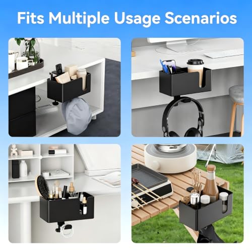 Desk Cup Holder Clamp with Headphone Hanger and Storage Tray | Clamp on design, rotating headphone hanger, detachable storage tray, cable holes, fits 5-50mm desks - color: Black
