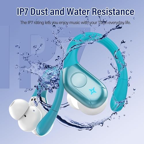 Qecnato Wireless Earbuds Bluetooth 5.4 Headphones 75H Stereo Deep Bass Sports Over Ear Buds with Earhooks, LED Display Bluetooth Earbuds with 4 ENC Mic, IP7 Waterproof Earphone for Running, Blue