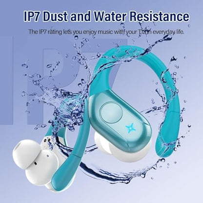 Qecnato Wireless Earbuds Bluetooth 5.4 Headphones 75H Stereo Deep Bass Sports Over Ear Buds with Earhooks, LED Display Bluetooth Earbuds with 4 ENC Mic, IP7 Waterproof Earphone for Running, Blue