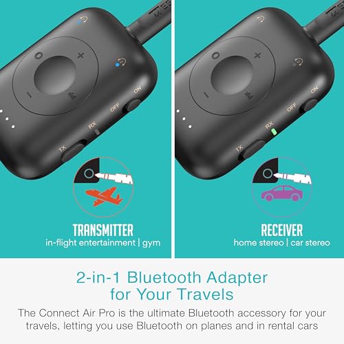 MEE audio Connect Air Pro Bluetooth Wireless Audio Transmitter & Receiver for AirPods or Bluetooth Headphones, 2-in-1 Adapter with Detachable Cable 3.5mm Aux Audio Jack for Airplanes, Auto, Gym, Black - color: Black, style: Connect Air Pro