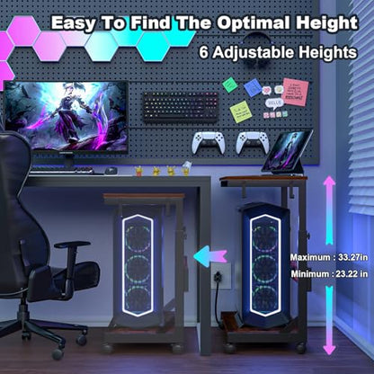 Computer Tower Stand with Charging Station for Full ATX-Case,Brown | Height Adjustable PC Stand with Wheel, CPU Holder with 2 AC Outlets + 2 USB Ports, 2-Tier Storage, Durable Metal Frame - color: Brown