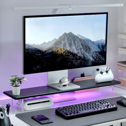 Bamboo Monitor Stand, Desk Shelf with Acrylic Legs and RGB Lights | 31.5-Inch Wide, 3.3-Inch Clearance, Fits Monitor, Laptop, Printer and Speakers for Small Desks - color: Black x RGB Light
