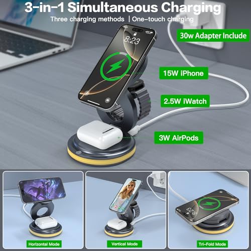 ZealSound 3-in-1 Foldable Magnetic Wireless Charger Stand, 15W Fast Charging Station with 30W Adapter and Warm Night Light for iPhone 17/16/15/14/13/12, Apple Watch & AirPods, for Home Office & Travel - color: Grey
