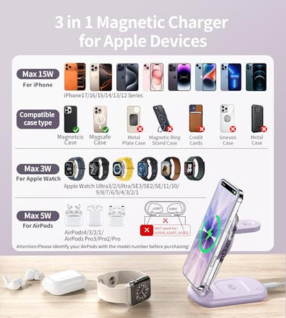 3 in 1 Magnetic Wireless Charging Station for Apple Devices | Fast Travel Charger Stand with Night Light for MagSafe-enabled iPhone 17 16 15 14 13 12 Series, Apple Watch/AirPods Pro, PU - color: Purple