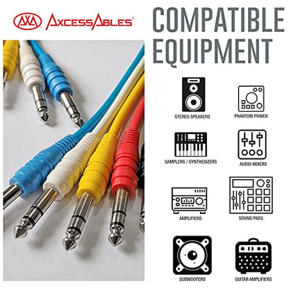 AxcessAbles 10ft 1/4" TRS to 1/4" Balanced Stereo Patch Cables - 6 Pack | 6.35mm TRS Speaker Patch Cords - size: 10ft
