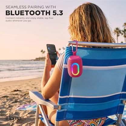 iHome Quest Wireless Portable Bluetooth Speaker with RGB Light | Water-Resistant, Built-In Carry Strap, TWS Pairing, Rechargeable Battery, USB-C Cable Included, True Stereo, Bluetooth 5.3 - color: Pink