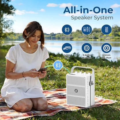 100W Bluetooth Speaker with 2 Wireless Microphones S99 | Powerful Voice Amplifier, Portable Karaoke Machine for Adults, PA System for Home Entertainment, Party, Teaching & Events - color: White