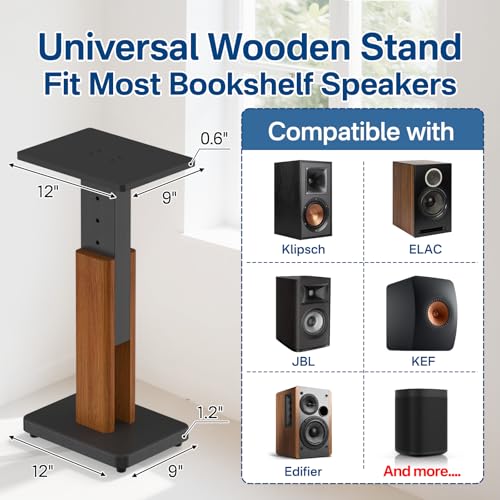Height Adjustable Speaker Stands Pair for Studio Monitor & Bookshelf Speaker Stands-Wood Grain Floor Speaker Stands for Klipsch, ELAC, JBL, KEF, Edifier Surround Sound Speaker Stand Up to 50 Lbs