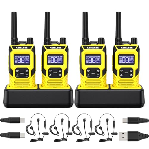 T4 FRS Two Way Radio Earpiece with Mic, Walkie Talkie Long Range for Adults, IP67 Waterproof Walkie Talkies, 22 Channel, NOAA Wheather Alert, PTT, VOX, Yellow, 4Pack