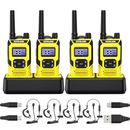 T4 FRS Two Way Radio Earpiece with Mic, Walkie Talkie Long Range for Adults, IP67 Waterproof Walkie Talkies, 22 Channel, NOAA Wheather Alert, PTT, VOX, Yellow, 4Pack