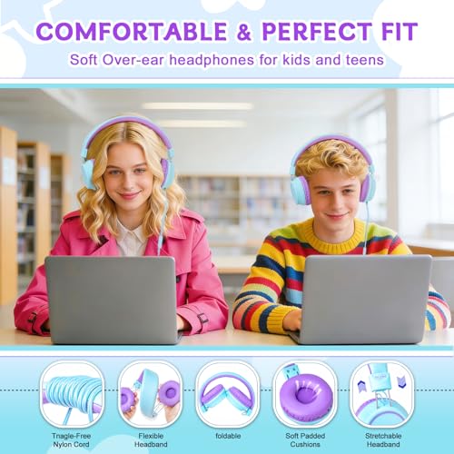 Olyre Kids Headphones, Toddler Headphones with Cord for School Plane Travel, Lightweight Stereo Wired Children Earphones with HD Microphone for Boys Girls for PC Cellphone Tablet(Icy Mint Blue/Purple) | Blue, purple; Over ear headphones with cord for scho