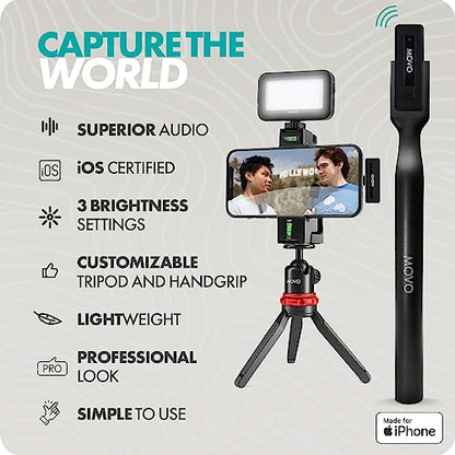 Movo iVlogger Wireless Vlogging Kit for iPhone with Dual Wireless Lavalier Microphone, Tripod, Phone Mount, LED Light, Wireless Remote, and WHX-HM Mic Handle - Wireless YouTube Starter Kit for iPhone