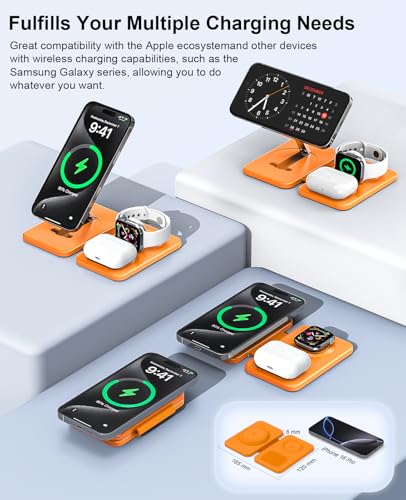 3 in 1 Magnetic Wireless Charger for Apple Multiple Devices, Foldable Fast Charging Station - Magsafe Charger Stand, Travel Charger Pad for iPhone 17 16 15 14 13 12 Series/Apple Watch/AirPods Orange | Magsafe Charger Stand for Multiple Devices, Travel Cha