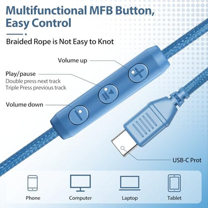 INFURTURE USB C Headphones Wired with Mic & Volume Control, Noise Isolating Over-Ear Headphones, Tangle-Free Plaiting Line, Foldable Headphone for School/Travel/iPad,Tablet,iPhone 17/16/15 - color: Light Blue
