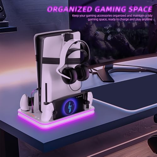 PS5 Pro/Slim/PS5 Stand and Cooling Station with RGB Lighting,Charging Station for PlayStation Portal & P5 Controller, PS Portal Charger,Headset and Remote Holders(White) - color: White