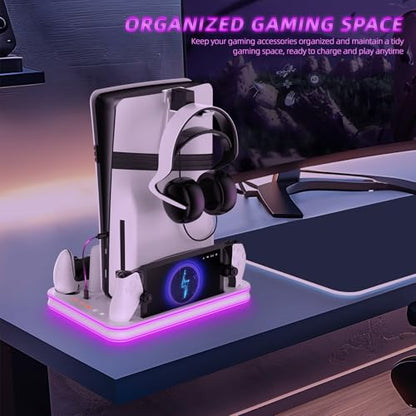 PS5 Pro/Slim/PS5 Stand and Cooling Station with RGB Lighting,Charging Station for PlayStation Portal & P5 Controller, PS Portal Charger,Headset and Remote Holders(White) - color: White