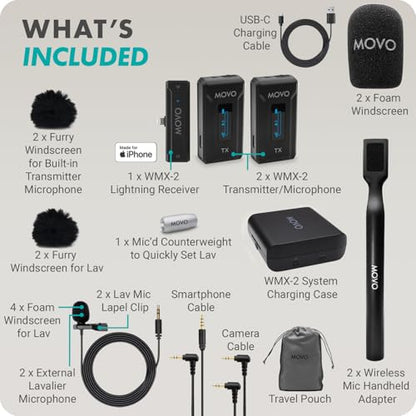 Movo WMX-2-L-Duo Dual Wireless Lavalier Microphone for iPhone/Lightning Devices with WMX-HM Handheld Adapter - Lapel Mic with Handle Mount for Content Creators, Interviews, Reporting - style: Lightning DUO