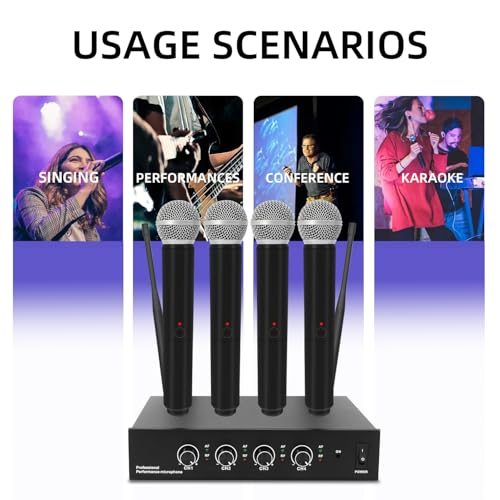 UHF 4-Channel Wireless Microphone System - 4 Handheld Dynamic Mics, 130ft Range Cordless Mic for Karaoke, Singing, DJ, Church, Wedding & Live Events (G02-4*Microphones)