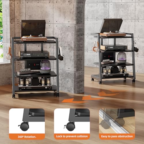 CABTE Mobile AV Media Stand with Outlets and 4 Rolling Caster Wheels | 4-Tier Rolling TV Stand for Gaming Console, Stereo, DVD Player, Sturdy Metal Frame, Versatile Living Room,Bedroom (Black) - color: Black