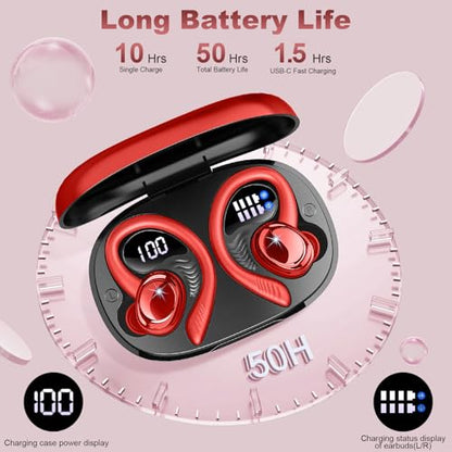 Hupoaf Wireless Earbuds Sport, NEW Bluetooth 5.4 Headphones with Earhooks, 50H Stereo Deep Bass Over Ear Buds with 4 ENC Noise Canceling Mics, IP7 Waterproof Earphones for Running Workout Gym -Red - color: A-Red