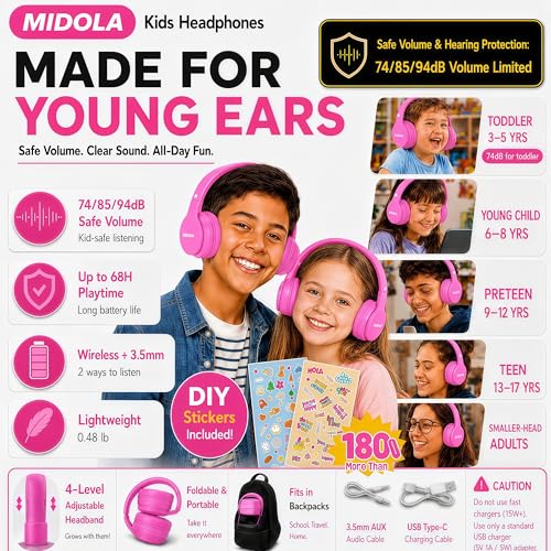 Kids Bluetooth Headphones Wireless 68 Hours,Safe Volume Limit 85/94dB | Adjustable Headband Foldable Over-Ear Lightweight Headsets for Toddler Girls Boys Tablet/iPad,HD Stereo,Built-in Mic,H-Pink - color: Rose Pink