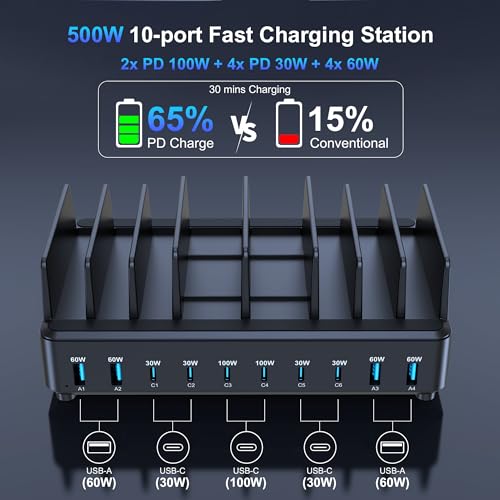 chipofy 500W Charging Station for Multiple Devices with Stand | 10-Port Multi USB C Fast Charger, with Organizer Stand, for MacBook Laptop, iPad, iPhone 17 16 Pro Max, Galaxy S25/S24