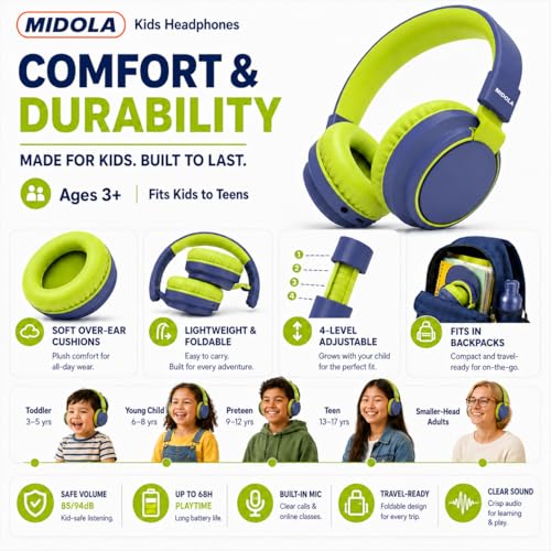 Kids Bluetooth Headphones Wireless 68 Hours,Safe Volume Limit 85/94dB | Adjustable Headband Foldable Over-Ear Lightweight Headsets for Toddler Girls Boys Tablet/iPad,HD Stereo,Built-in Mic,Green - color: DeepBlueSky