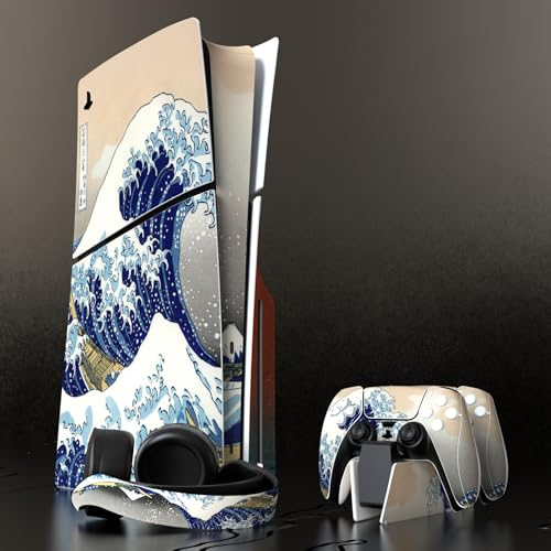 PlayVital Full Set Skin Sticker for ps5 Slim Console Disc Edition (The New Smaller Design), Vinyl Skin Decal Cover for ps5 Controller & Headset & Charging Station & Media Remote - The Great Wave - color: The Great Wave