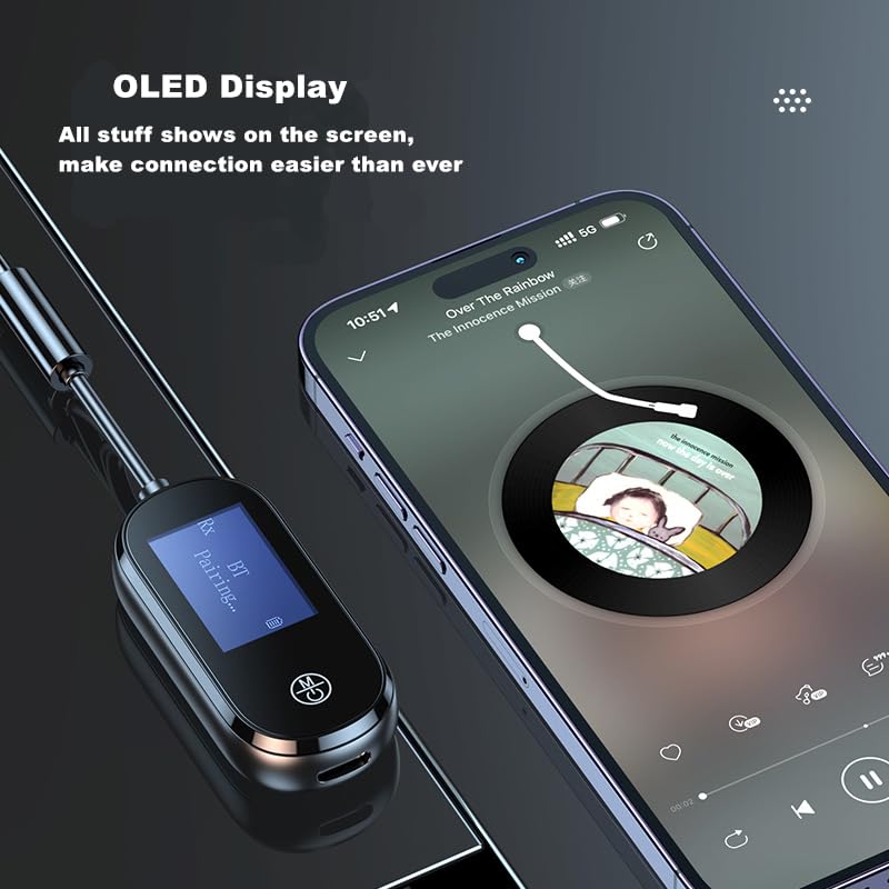 Airplane Bluetooth 5.3 Transmitter Receiver with LCD Display Low Latency | 3.5MM AUX Jack Adapter on Flight,TV,Car Stereo,Portable Wireless Adapter for Headphones,2-in-1 Wireless Bluetooth Adapter