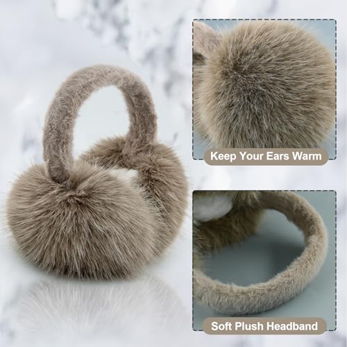 Earmuffs for Women Girls Faux Fur Fuzzy Headband Foldable Ear Covers Cold Weather Accessory - color: Brown