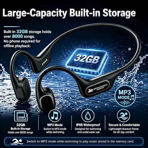 Full-Coverage Liquid Silicone Swimming Headphones,IP68 Waterproof Underwater Headphones, Bluetooth 6.0&MP3 with 32GB Memory Card,Soft/Skin-Comfortable Open Ear Bone Conduction Swim Earbuds(Black - color: Black