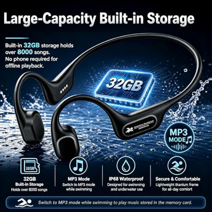Full-Coverage Liquid Silicone Swimming Headphones,IP68 Waterproof Underwater Headphones, Bluetooth 6.0&MP3 with 32GB Memory Card,Soft/Skin-Comfortable Open Ear Bone Conduction Swim Earbuds(Black - color: Black
