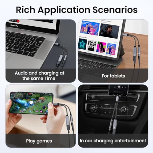 USB C to 3.5mm Headphone and Charger Adapter, 2 in 1 Jack Adapter Hi-Res DAC Fast Charging Dongle Cord Compatible with Google Pixel 5 4 3 XL, Galaxy S21/S21+ Note 10/20, Gray